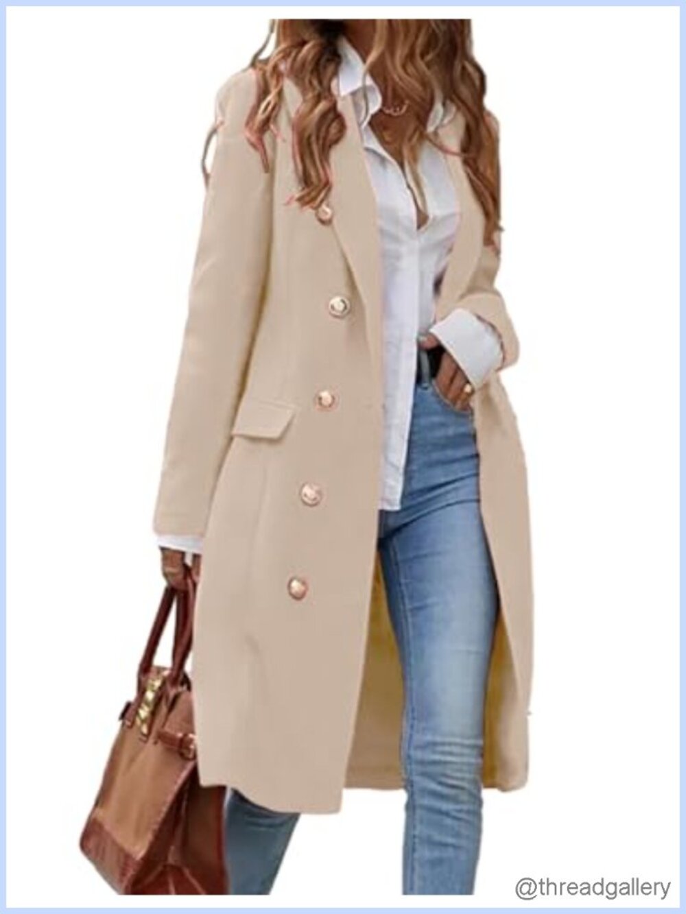 Long Wool Blend Coat Double Breasted Trench Knee Length Notch Lapel
